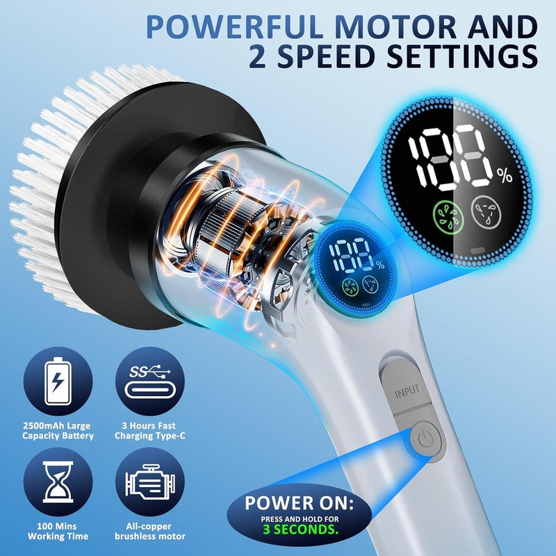 EYEFEAT Electric Spin Scrubber Upgraded Battery with Extra-Long Runtime, IPX7 Waterproof Power Cleaner with 7 Brush Heads, 2 Speeds Adjustable Long Handle for Bathroom, Floor, Shower, Tile & Kitchen Cleaning - Image 3